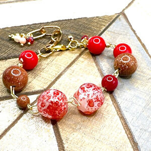 Sunstone/Goldstone and bamboo coral maxi beads chunky gold adjustable bracelet